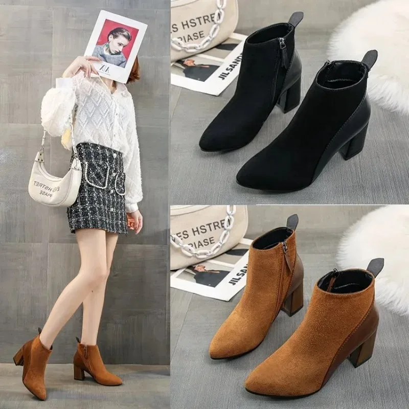 2024 Autumn/Winter Women Ankle Boots Pointed Fashion Short  Suede Panel Side Zipper Thick Heels Women\'s Shoes Large 44