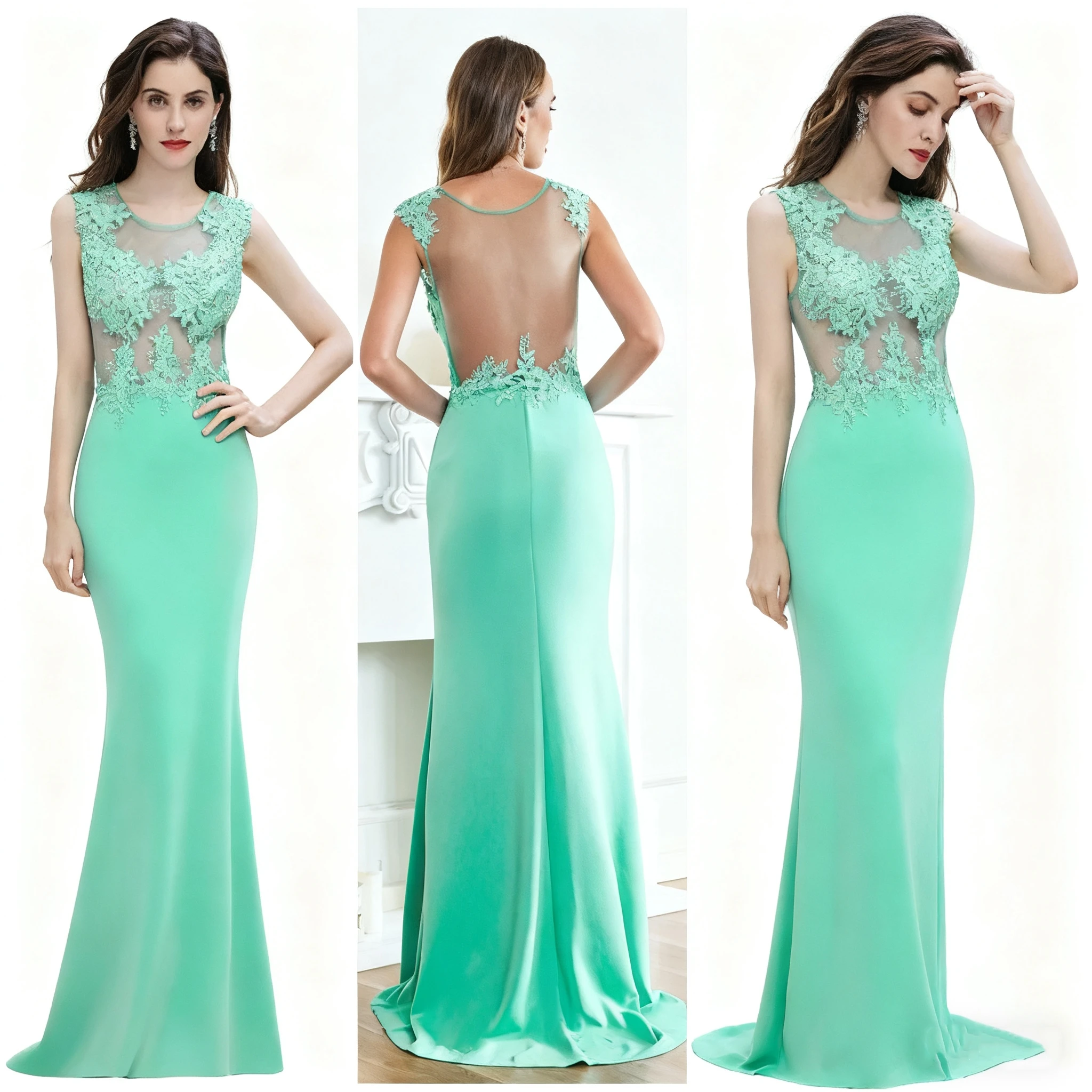 

Evening Dress Prom Dress Mermaid Illusion Lace Appliques Malachite Green O-Neck Sexy Backless Sheath Train Trumpet Vestido