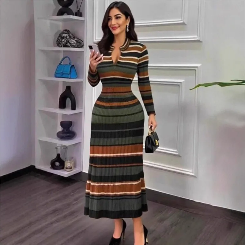 Color Blocking Striped Printed Knitted Zipper Dress Autumn Winter Women's Clothing New Casual Long Woolen Frock Ropa Mujer