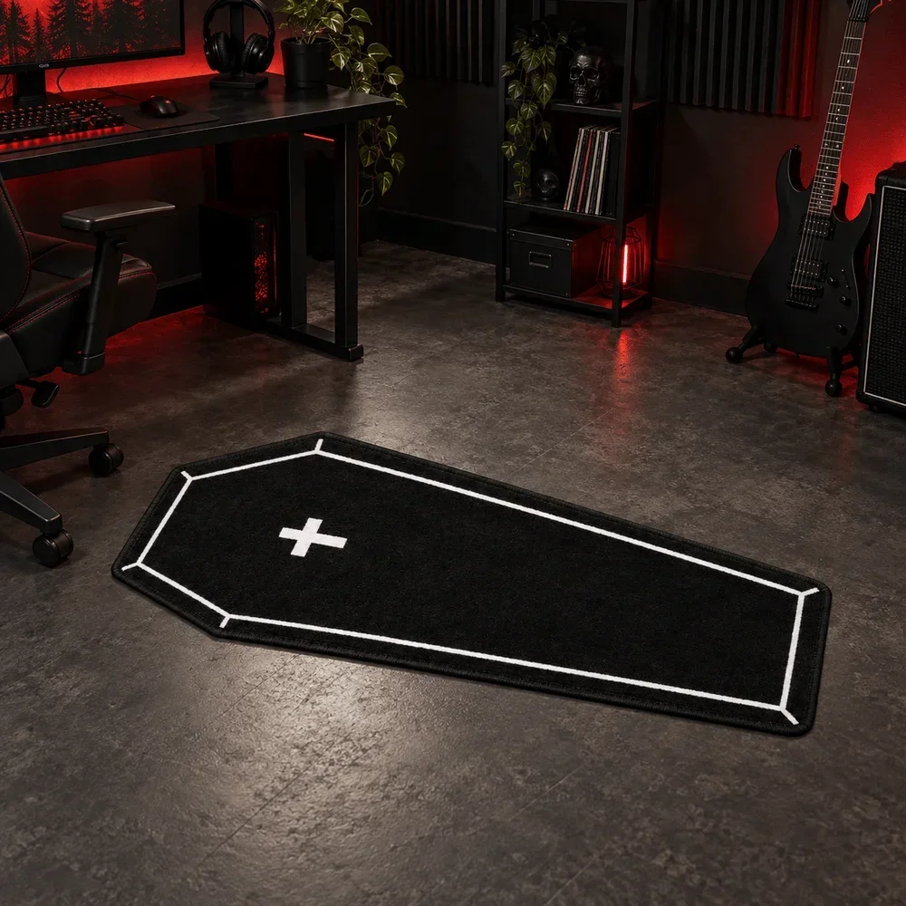 Gothic Coffin Shaped Area Rug Black Grave Cross Floor Mat for Bedroom Living Room Entryway Halloween Home Decor Gift Door Mat
