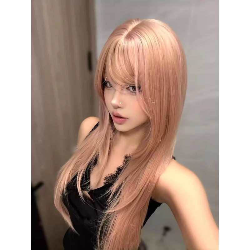 Layered Dusty Pink Long Straight Wig 79cm with Bangs High Temperature Fiber Wig for Women Idol Look Daily Wear Cosplay Party