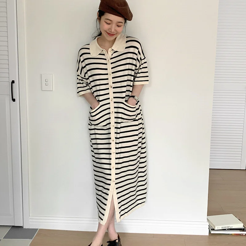 

Women's Dress 2023 New Vintage Striped Knitted Dress Women Thin Straight Polo Neck Long Dresses Single Breasted Female Dresses