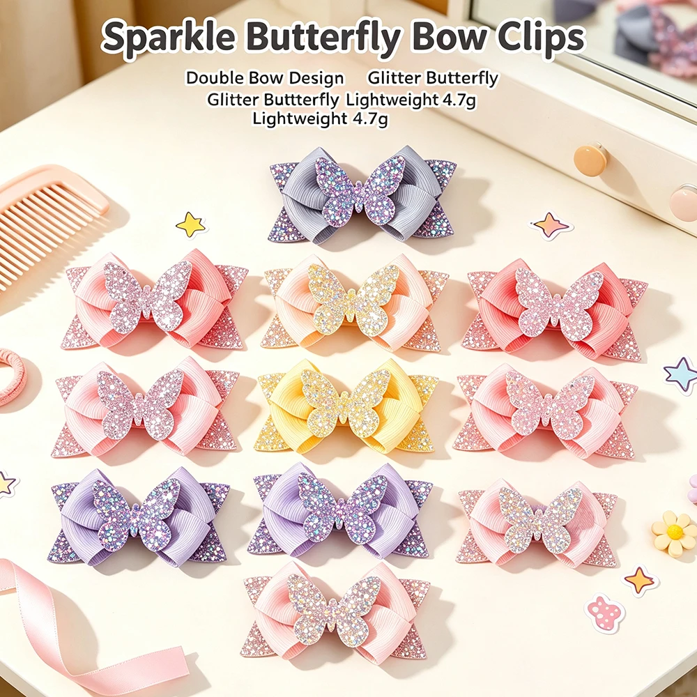 2Pcs Double Layer Shiny Glitter Butterfly Bow Hair Clips Multi Color Grosgrain Ribbon Ponytail Decor Hair Barrettes