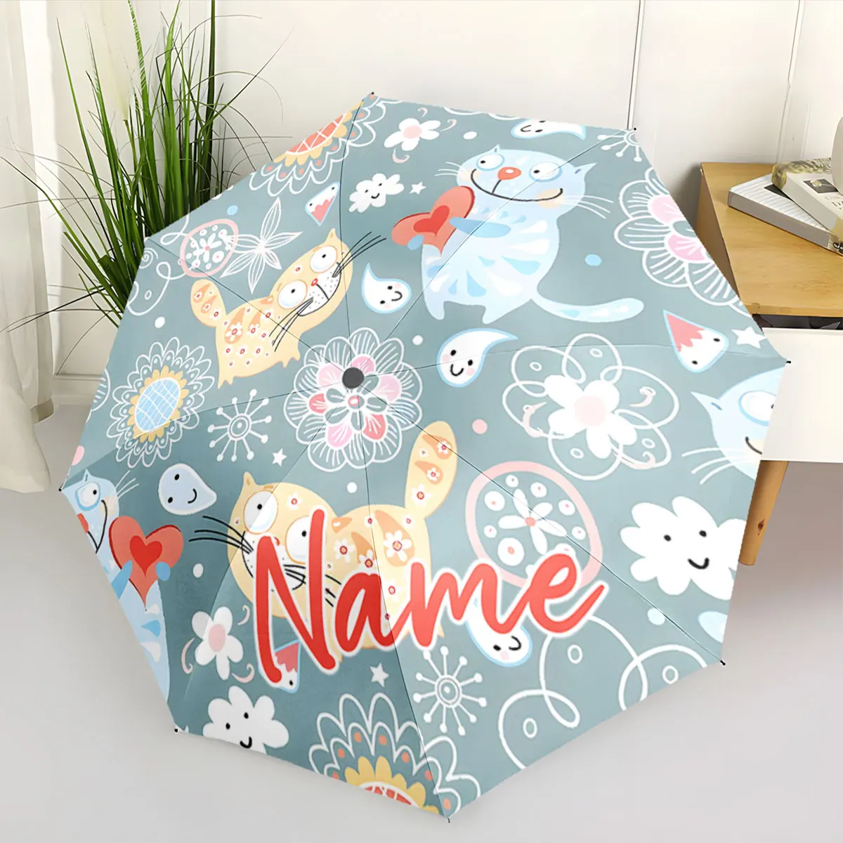 Custom Name Cute Patterned Umbrella with Cats and Flowers Design Print 8 Iron Ribs Folding Umbrella, Auto-Open Fashion Sunshade