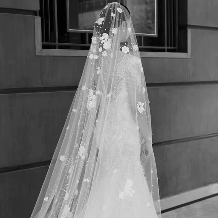 جديد وصول العاج 3 متر العروس طرحة زفاف الدانتيل مطرز اللؤلؤ اكسسوارات الزفاف velos دي novia حجاب الزفاف