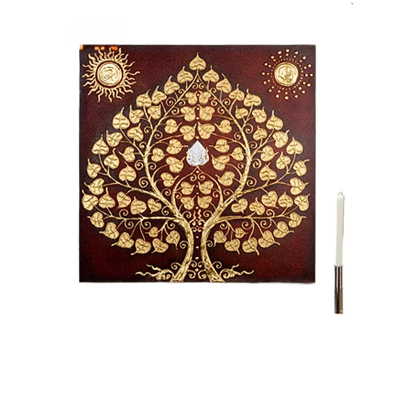 Southeast Asian Mural Thai Style Gold Foil Hand Painted Hanging Painting Living Room Background  Bodhi Tree Decorative Painting