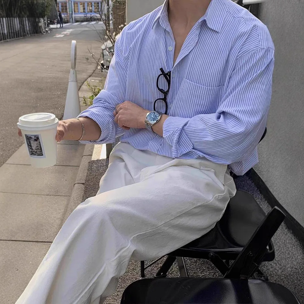 Striped Shirt Men's Old Money Style Loose Long-sleeved Single Pocket Cardigan Suit Base Shirt Trendy