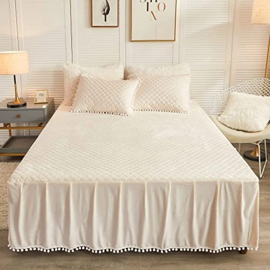 

Роскошная бархатная юбка для кровати с помпонами, бархатное покрывало-накидка, стеганая простыня цвета слоновой кости с юбкой для кровати, длина 18 дюймов, защита от пыли