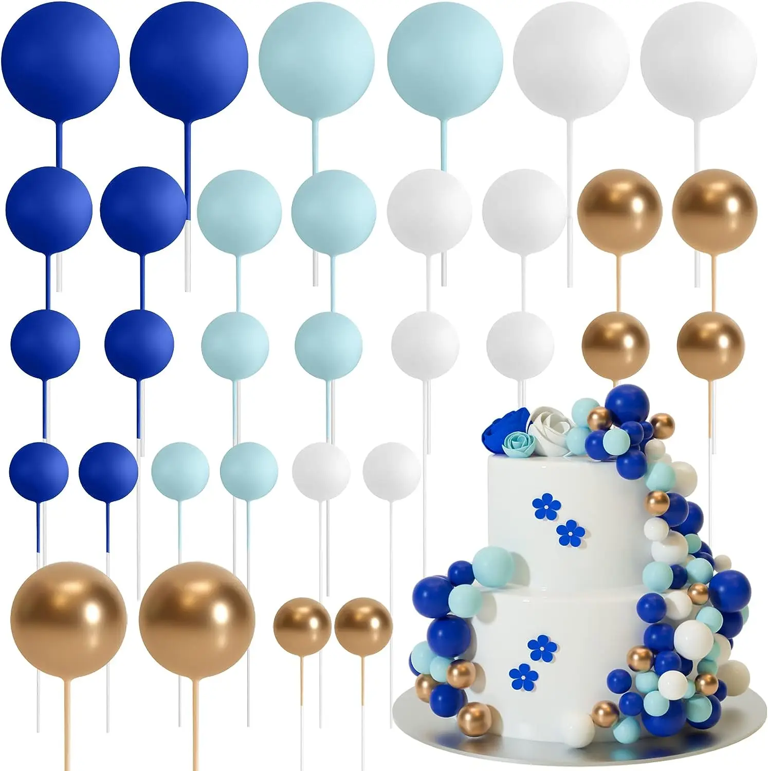 32Pcs Blue Gold Ball  Mini Balloons Foam Balls Cake Picks Cake Topper Balls for Wedding Party Birthday Cake Topper Decorations