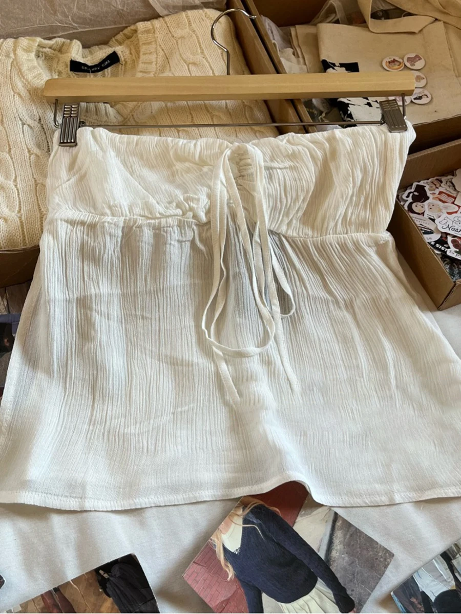 White Drawstring Strapless Crop Top Women Summer Side Split Slim Cropped Camisole Sweet Preppy Style Solid Tank Tops Y2k Clothes