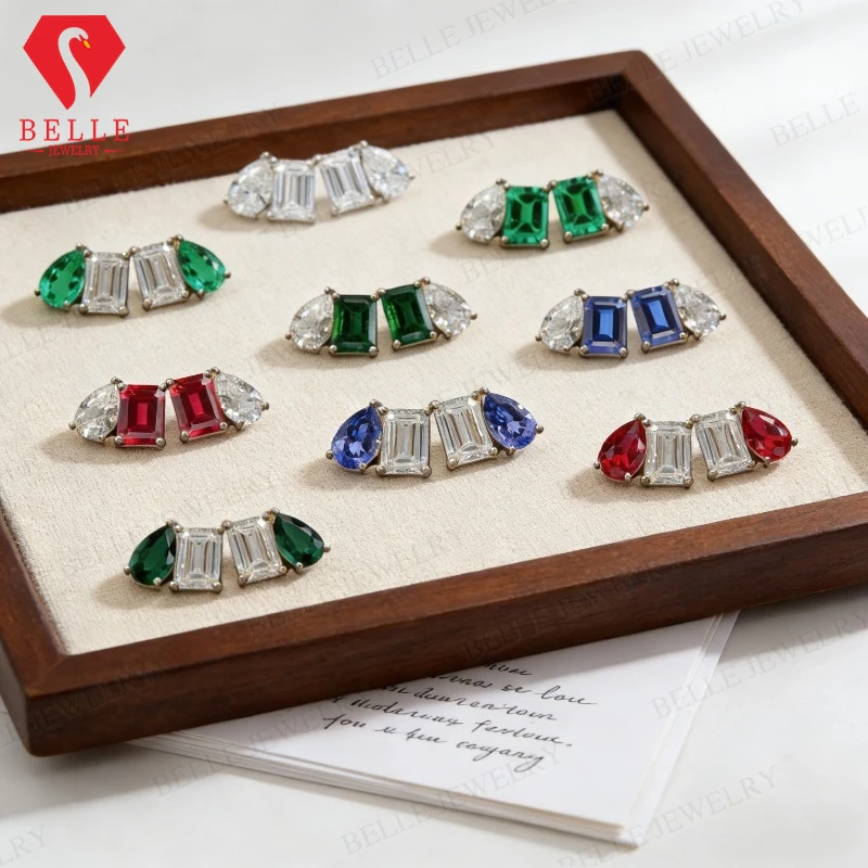 

Moissanite/Lab Grown Gemstone Earrings Emerald+Pear D Color/Red/Blue/Green 925 Silver Fine Jewelry Anniversary Gift for Her