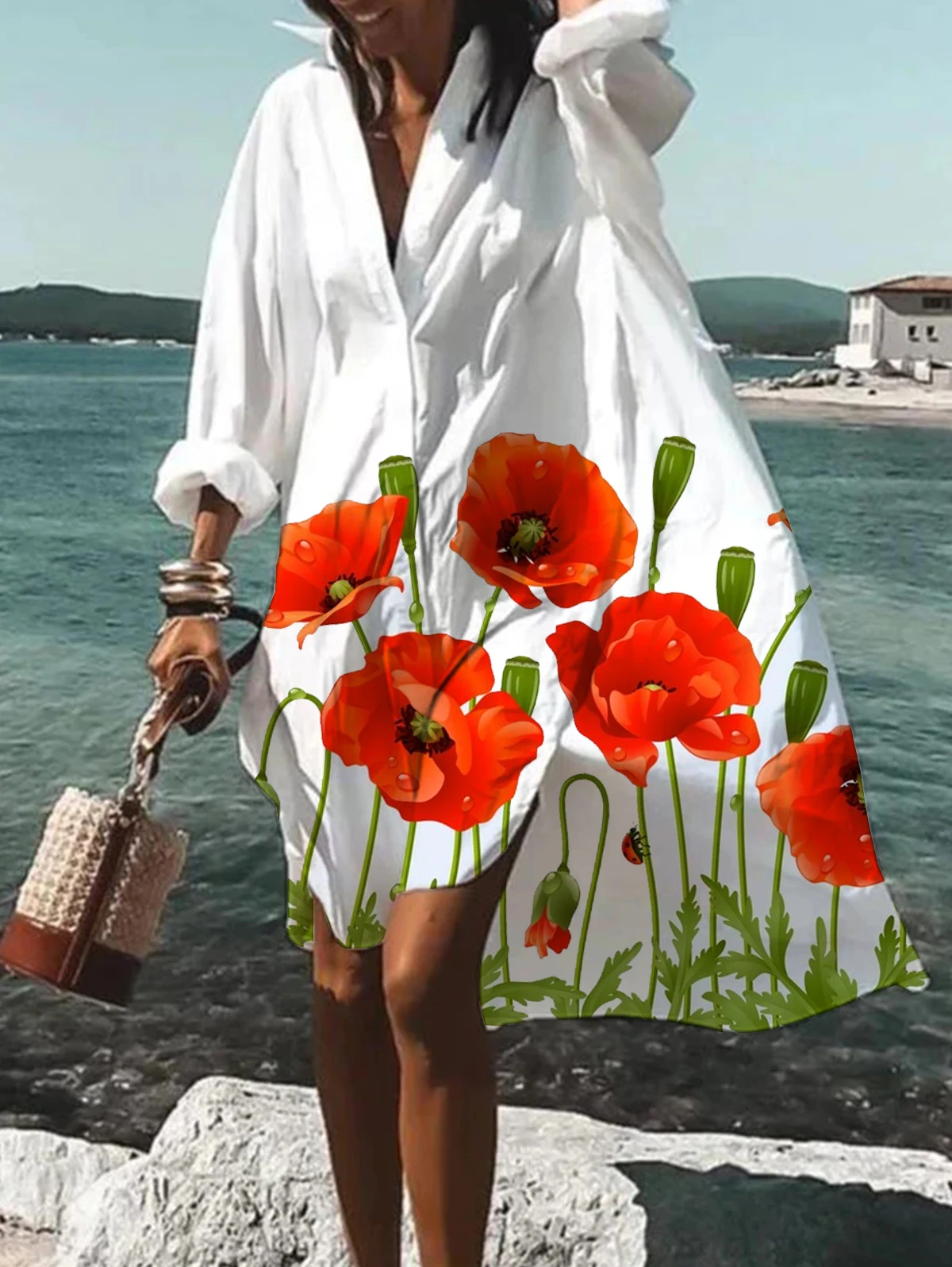 Dress for Women Fashion Summer Flower Print Split Hem Lapel Collar Shirt Dress Beach Elegant Bohemian Sleeveless Party Dresses