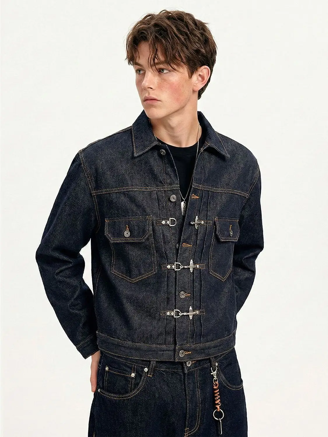

American Retro Lobster Buckle Cleanfit Short Wide Boxy Original Jeans Color Denim Jacket Top for Men Casual Everyday Wear