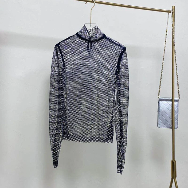 Damen Strass-Mesh-Rollkragen-Top, Durchsichtiges Netzshirt, Glitzerndes Transparentes Unterhemd, Eng Anliegend, für Party, Nachtclub, Festival, Clubwear – Detail 3