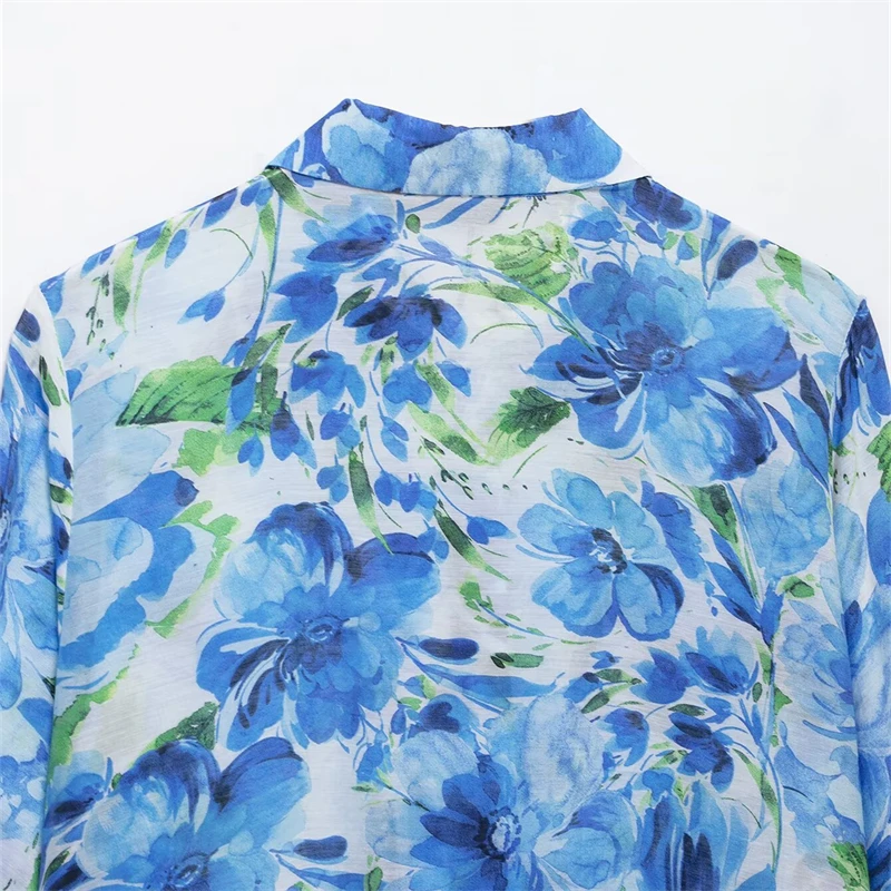 KEYANKETIAN 2025 wiosna nowa damska niebieska koszula z nadrukiem kwiatowym styl duszpasterski pojedyncze piersi z długim rękawem luźna szyfonowa bluzka Top