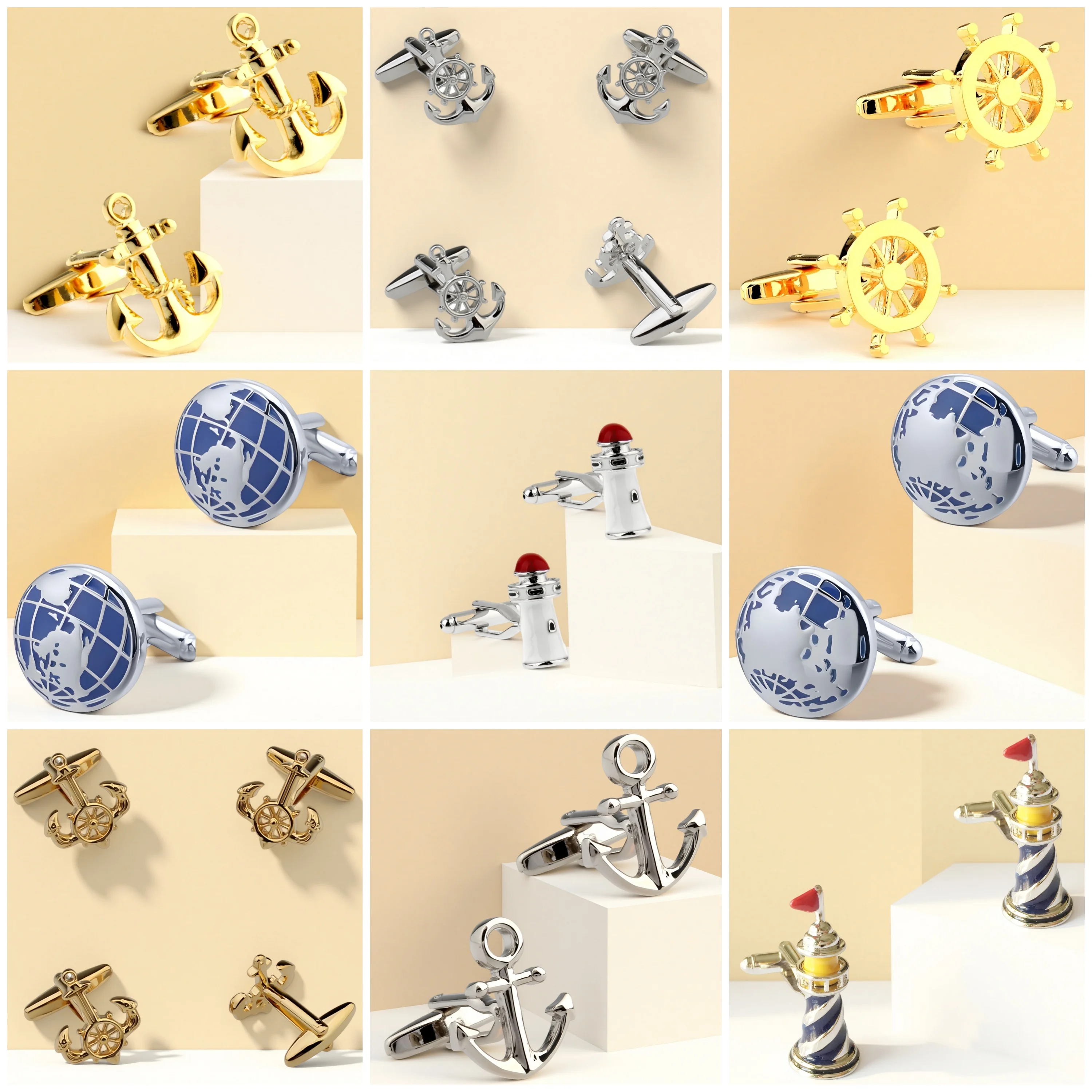 Annlyy Fashion Anchor Wheel Tower World Globe Mens Cufflinks Cuff Links