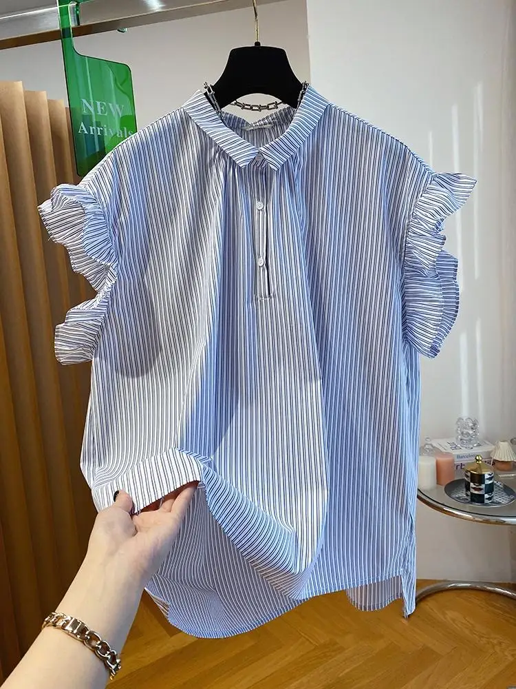 

SuperAen 2024 Summer New Design Flying Sleeve Shirt Women Short Sleeved Blue Striped Shirt