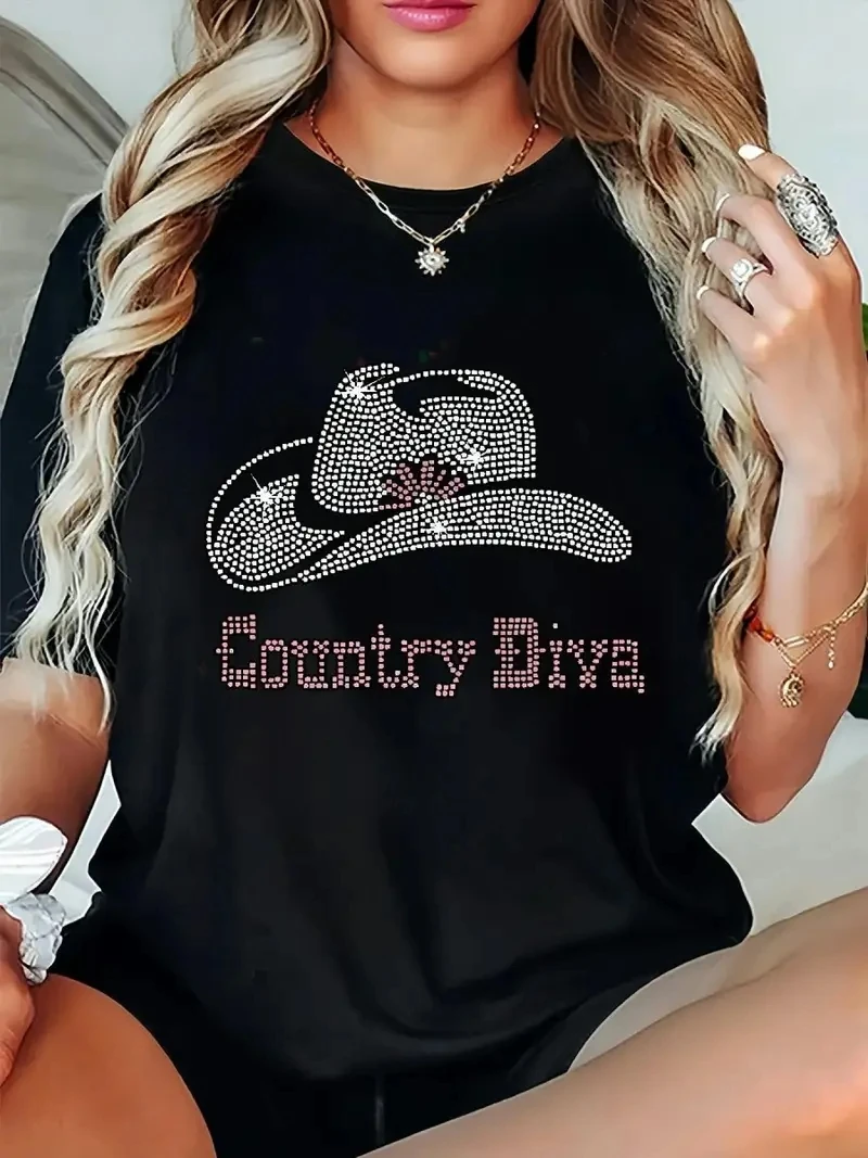 

Женская футболка с рисунком Country Diva больших размеров — черный топ большого размера с короткими рукавами и украшениями из стразов, повседневный свободный крой
