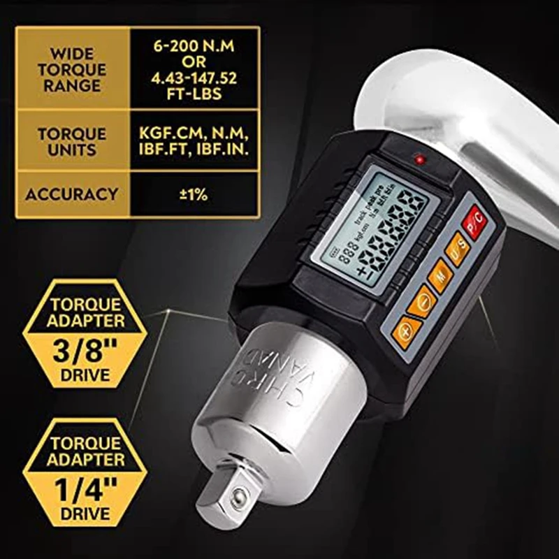 1 Set Digital Torque Wrench Adapter 1/2.3/8Inch, 1/4Inch-On LED Backlight Memory Function 50H Working Time Fit For Car Repairing