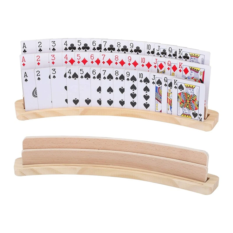 2Set Curved Wooden Playing Cards Holder Tray Rack Organizer Solid Card Holder For Bridge Canasta Strategy Card Playing