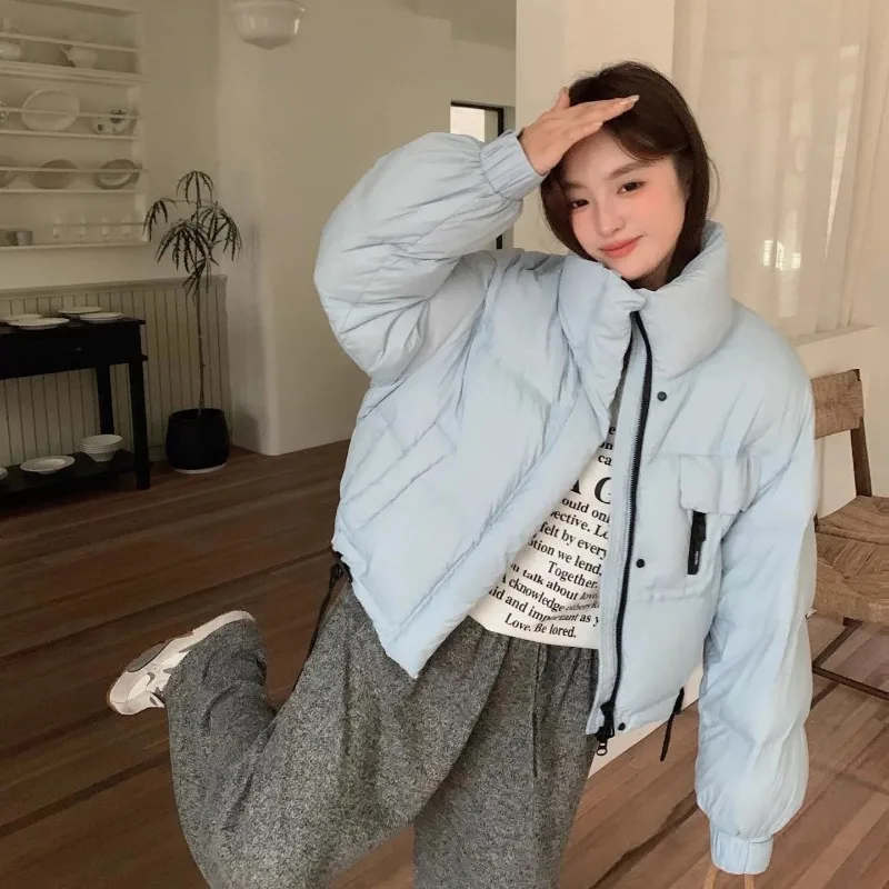 الشتاء الأبيض بطة أسفل سترة منتفخة للنساء الدافئة الوقوف طوق قصيرة أسفل معطف طويل الأكمام أعلى الرباط أسفل سترة النساء #4