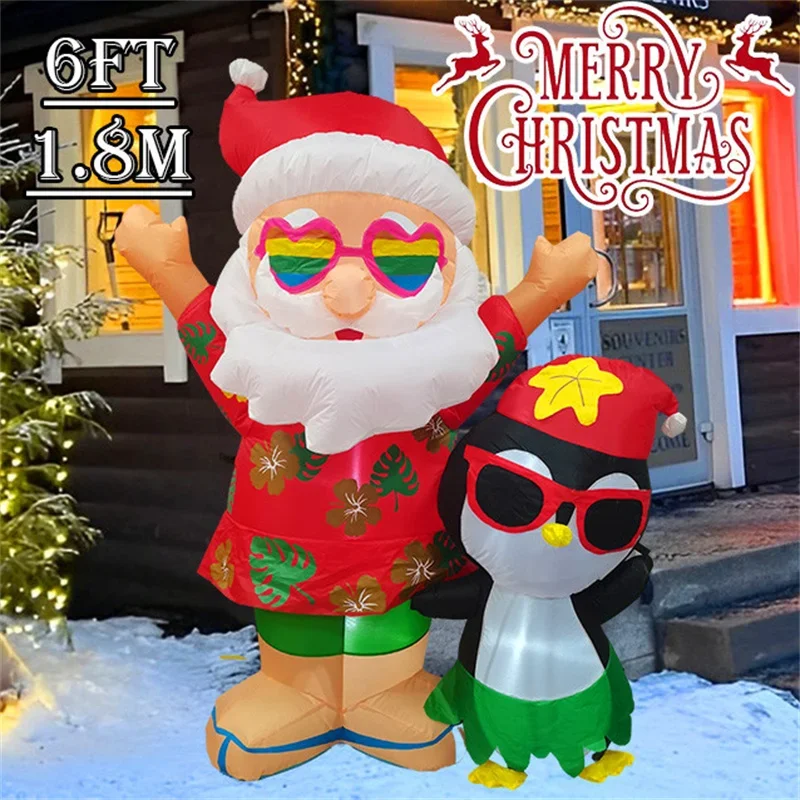 1.8M/6FT Christmas Decoration with LED Lights Hawaiian Santa Claus Penguin Homes Holiday Party DIY Xmas Inflatable Model Gift