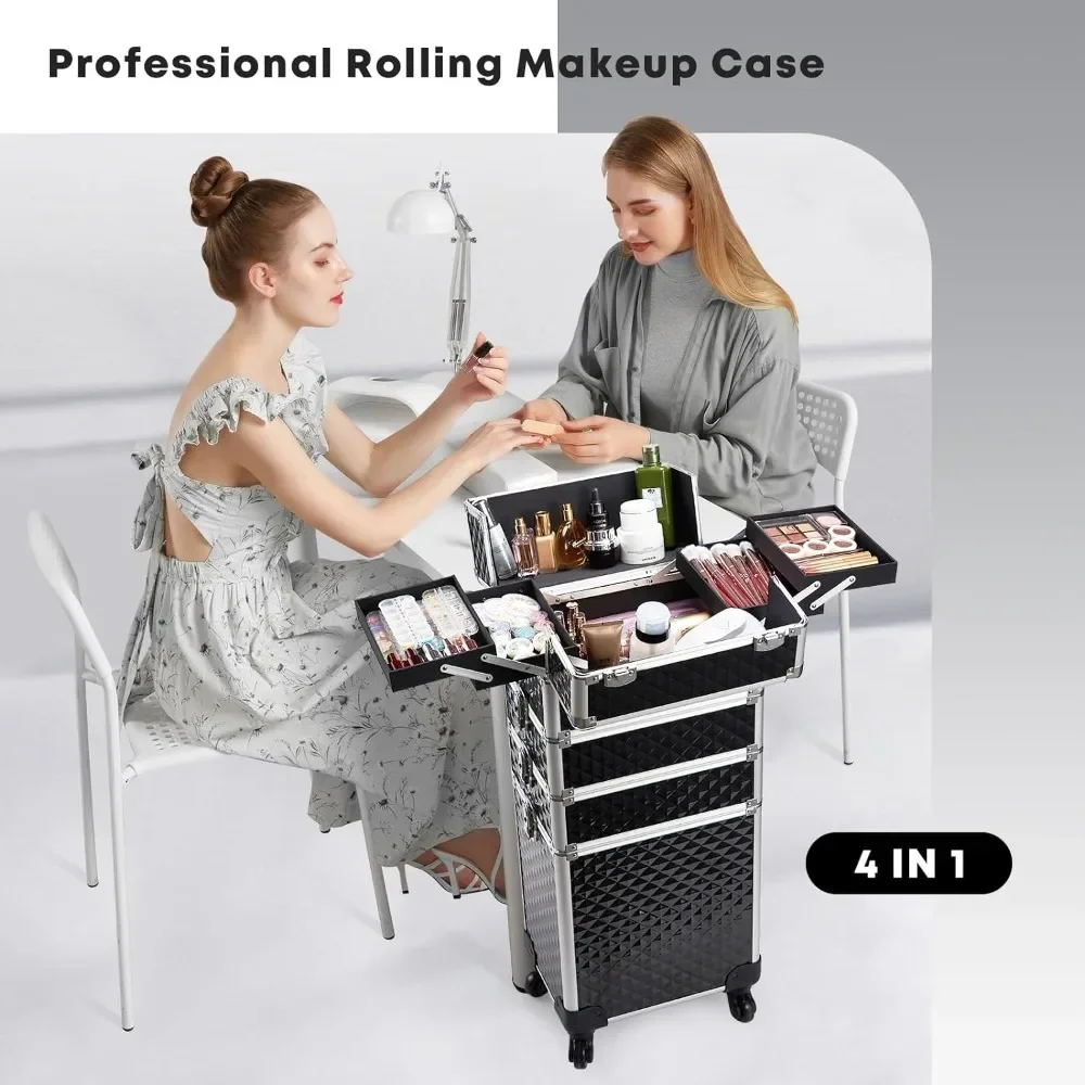 Makeup Storage Organizer, Black Cosmetic Box, Cosmetic Makeup Trolley, Travel Cosmetic Case on Wheels with Key, Hairstylists