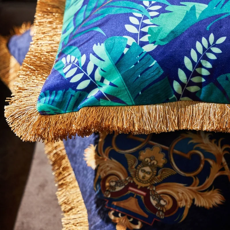 Retro Jungle Animal Collection Cushion Cover Luxury Gold Tassel Fringe Satin Pillowcase Tiger Leopard Sofa Couch Home Decor