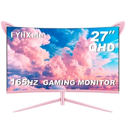27inch Curved Pink Monitor QHD 165hz 1800R Gaming Display HDR10 Free-Sync Desktop Screen 1ms GTG  With Speakers Tilt Adjustable