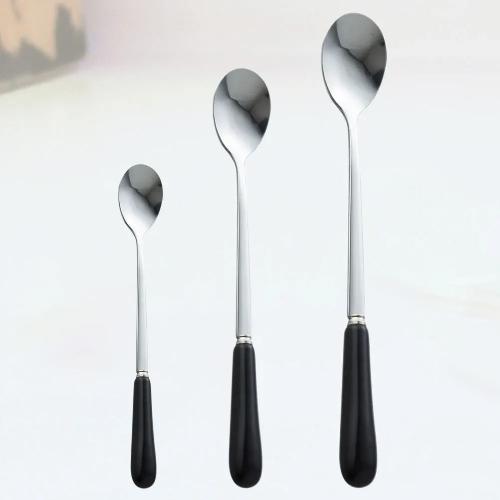 3 قطعة الفولاذ المقاوم للصدأ قهوة قاعدة الملاعق مقبض طويل أسود صغير الجليد ملاعق الحلوى للمنزل بار مطعم الحليب الشاي متجر #3