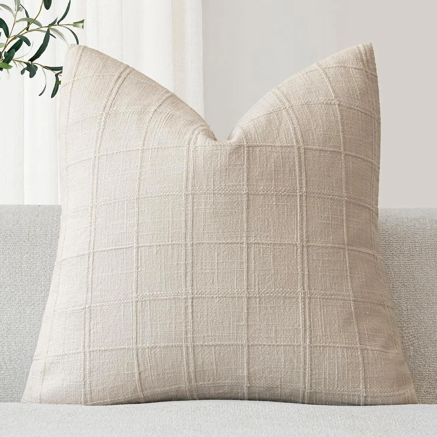Beige Leinen Karierte Kissenbezüge Boho Farmhaus Vintage Neutraler Kissenbezug Wohndekor für Sofa Stuhl Schlafzimmer Wohnzimmer
