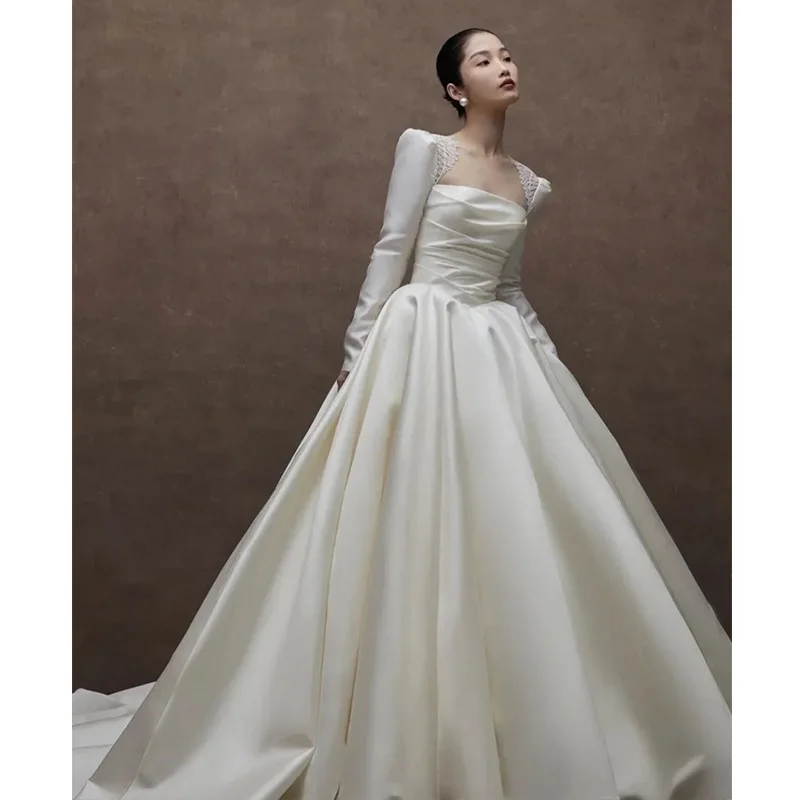 Boda de satén de seda Dr 2024 nuevo vestido de novia ligero Vintage Sle tamaño pequeño largo Sve Fing Princ traje de mujer