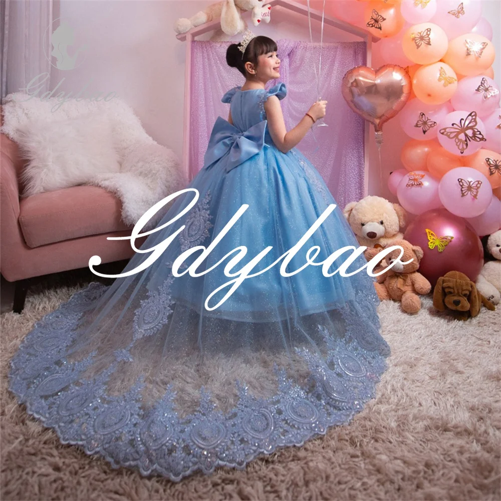 Shiny Luxury Flower Girl Dress Applique Pleat Wedding Party Long Ball Sweep Train Formal First Communion Dress Customized 2025