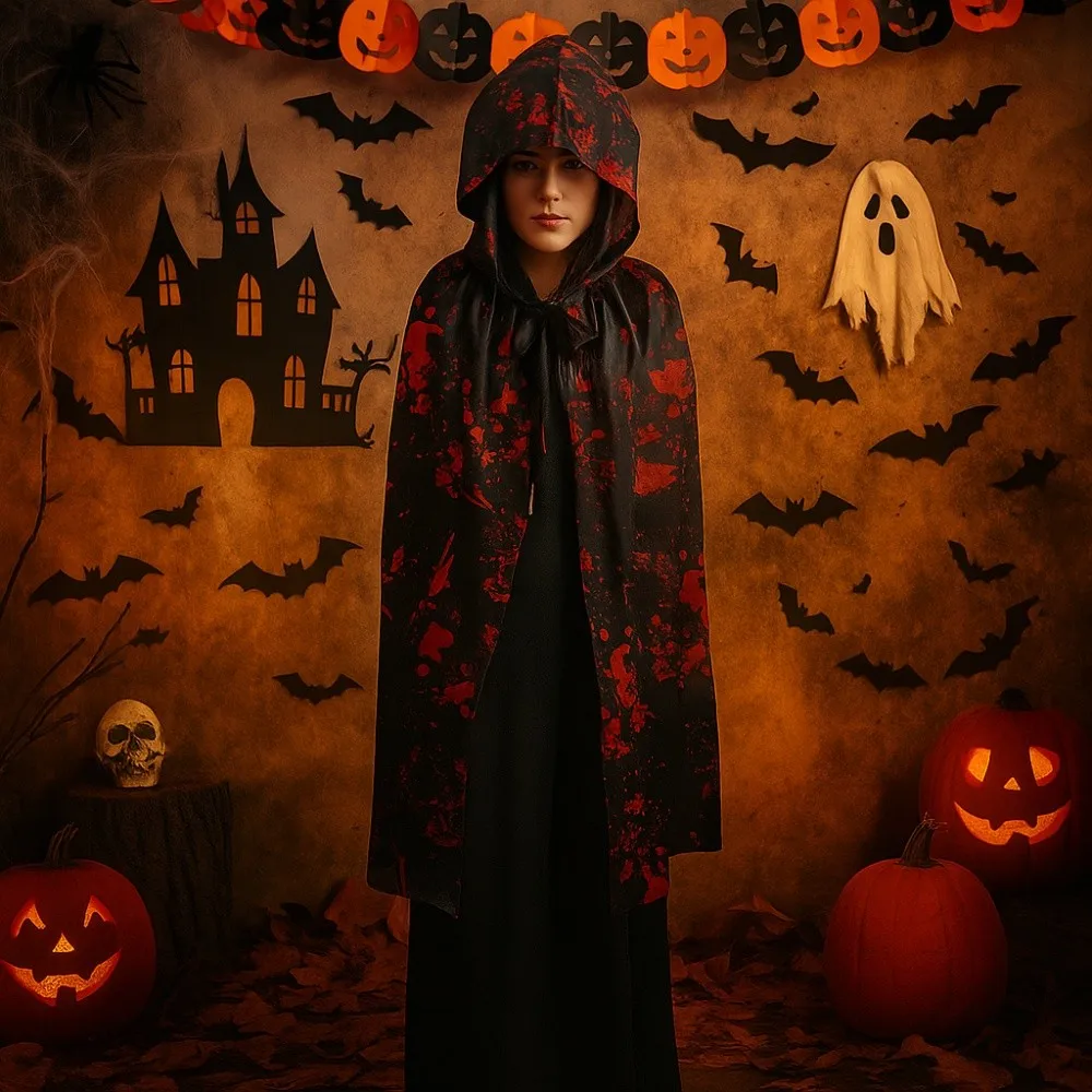 

Casual Bloodstain Halloween Costume Cosplay Props Plaid Party Halloween Death Cloak with Cap Funny Dark Spider Web Cape Adults