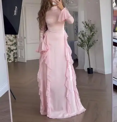 

Autumn 2025 Solid Color Half High Neck Wooden Ear Design Waist Cinching Dress Women Elegant Slim Fit A-Line Long Sleeved Dress
