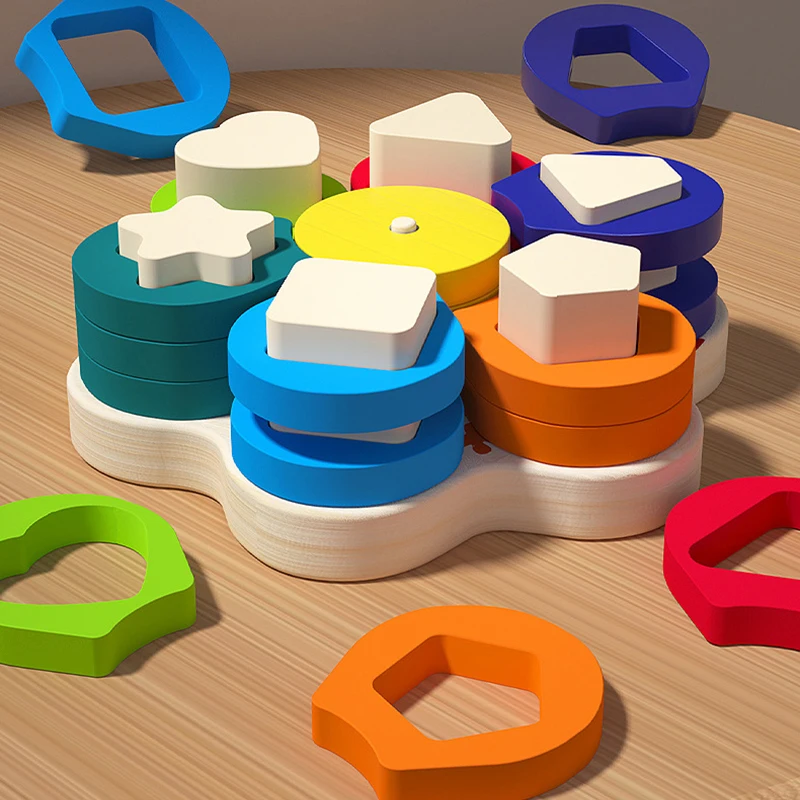Kid Montessori Toys Colorful Wooden Flower Shape Stacking Toys Children Early Educational Wood Blocks Geometry Puzzle Game Toy