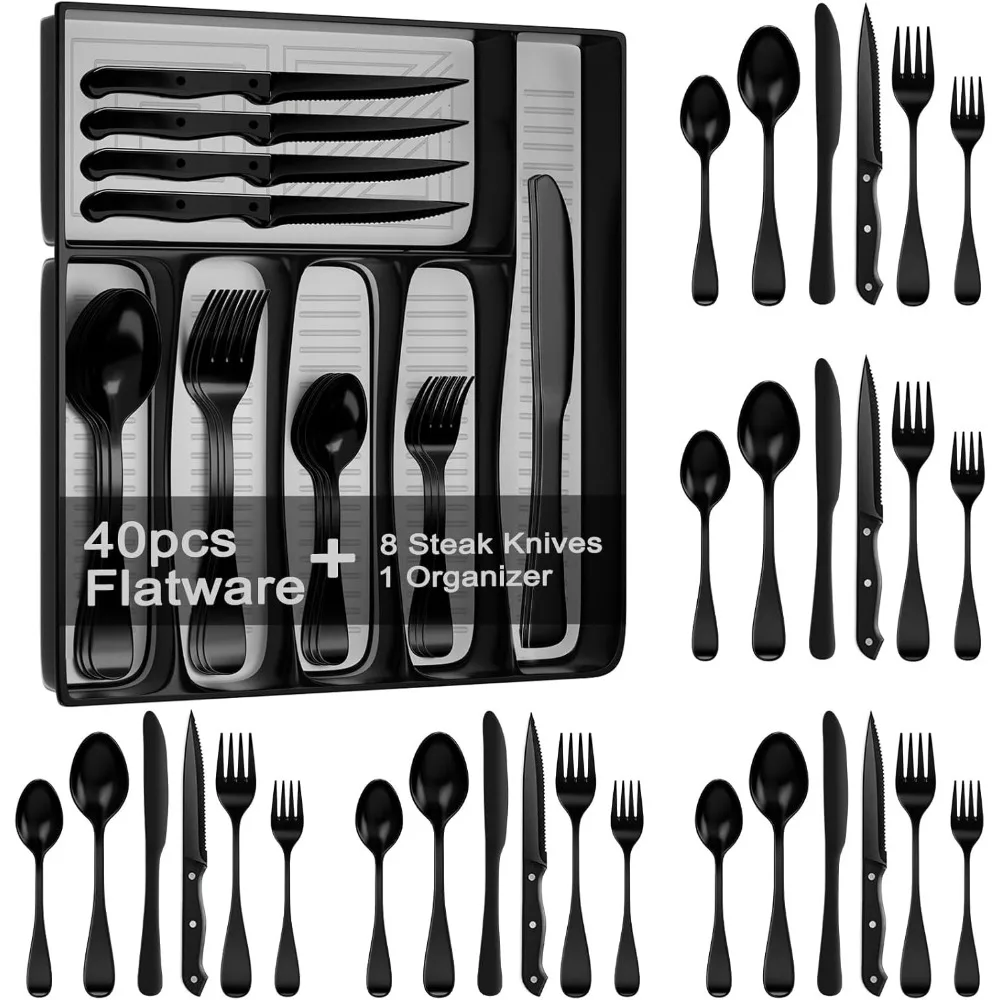 

Stainless Steel 49-Piece Flatware Set for 8 People with Cutlery Organizer Tray and Steak Knives