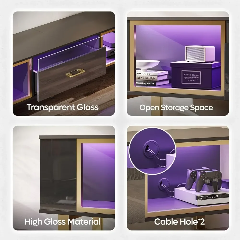 LED TV Stand , Modern Entertainment Center with Open Storage and Half-Glass Design Drawer, High Gloss Media Console image 4