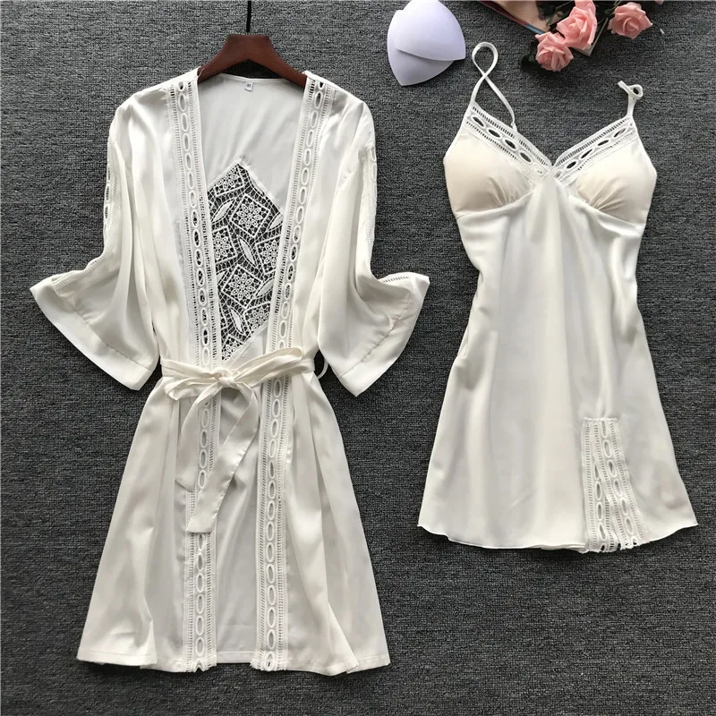 Spring new sexy sling pajamas women's nightgown with chest pad ice silk long-sleeved pajamas two-piece suit home service