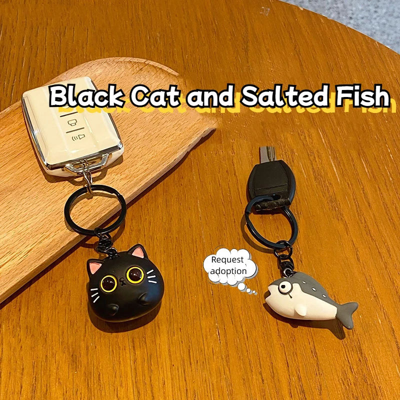 Original Couple Little Black Meow Keychain Cute and Fun Salted Fish Resin Keychain Pendant