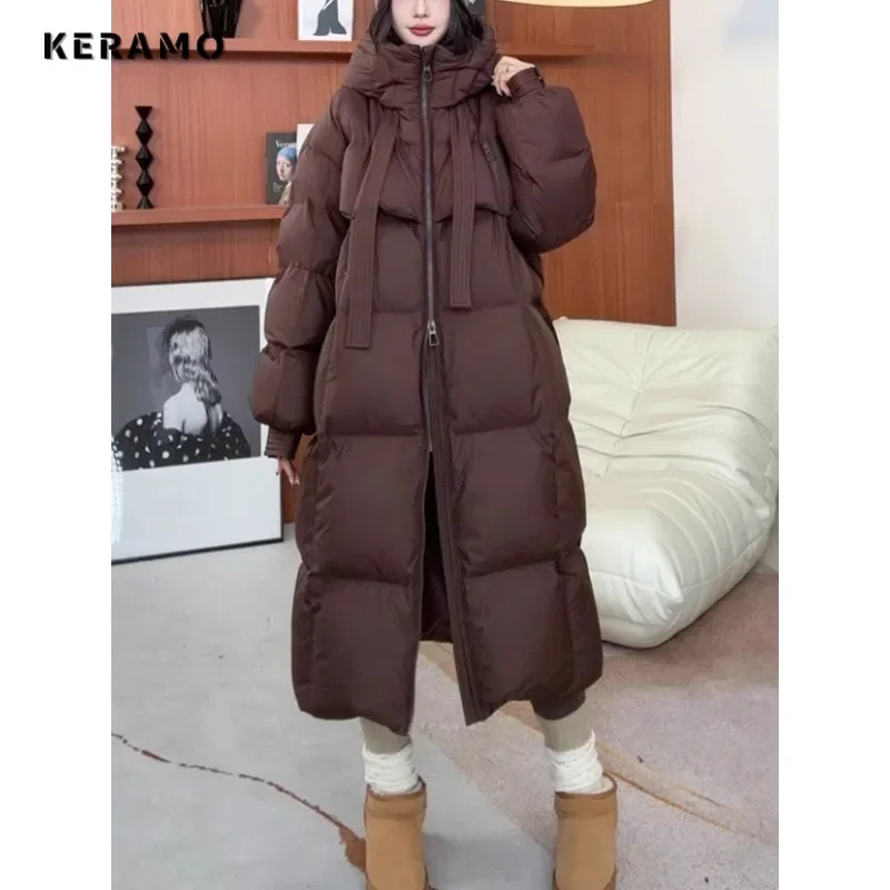 Casual Chic Solid Color Long Sleeve Outerwear Women\'s Hood Maxi X-Long Parkas Jacket 2024 Winter Oversized Warm Zipper Coat