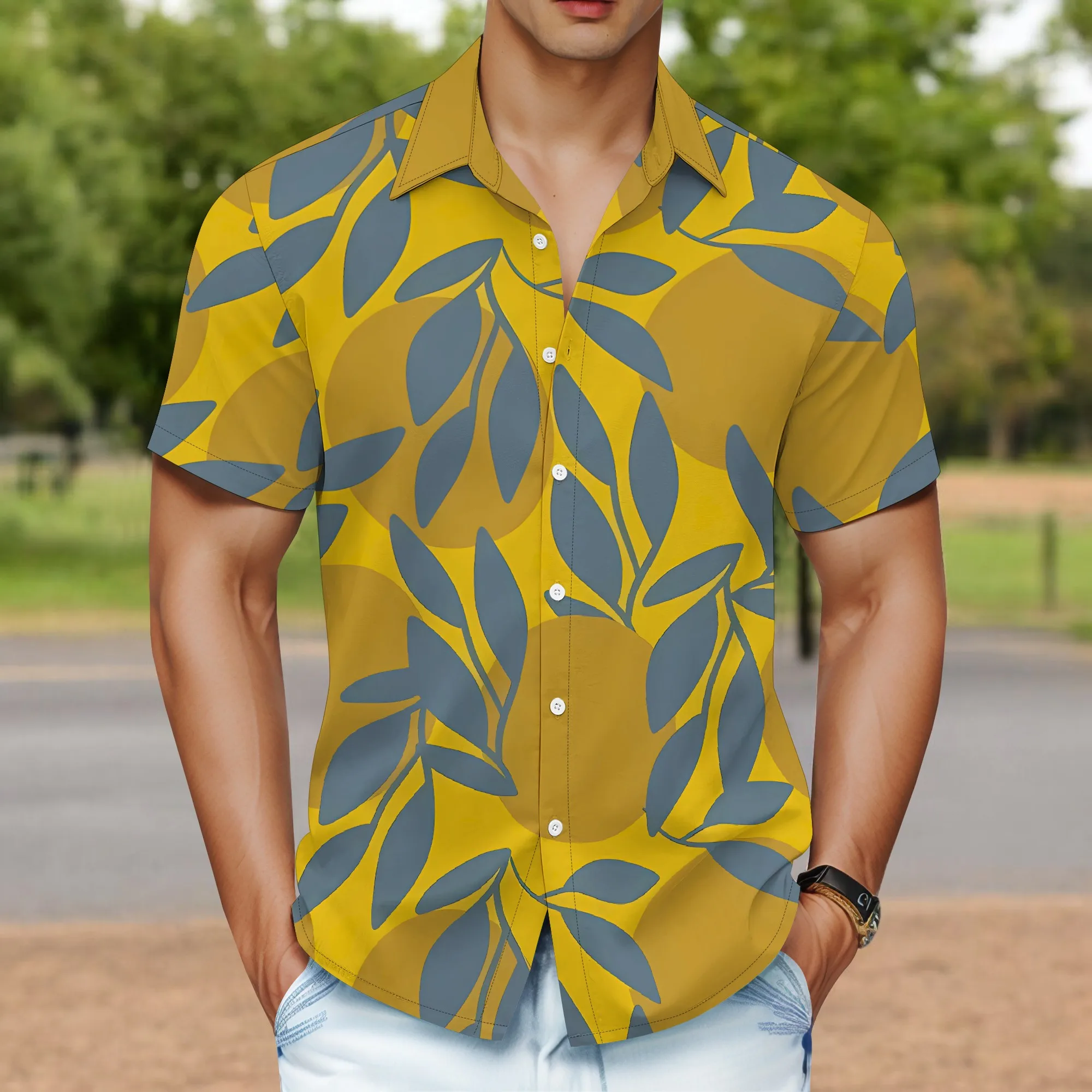 YEAE Symmetric Floral Pattern Shirt for Men Summer Casual Short Sleeve Top