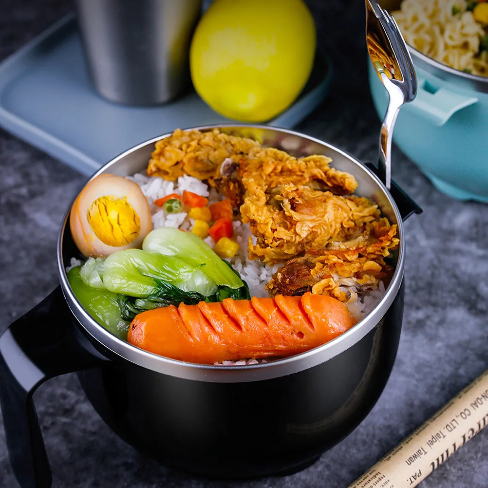 

Large Capacity Stainless Steel Instant Noodles Bowl Black Thermal Insulated Lunch Box Leakproof Lid Suitable Office School