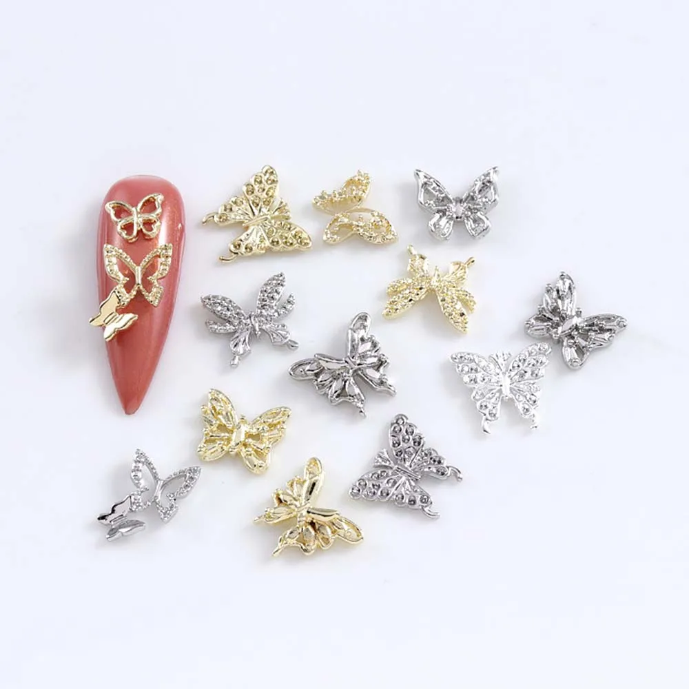 10 Pcs 3D Butterfly Alloy Nail Charms Gold/Silver Zircon Bow-knot Rhinestone Nail Jewelry Hollow Nail Art Decoration Accessories