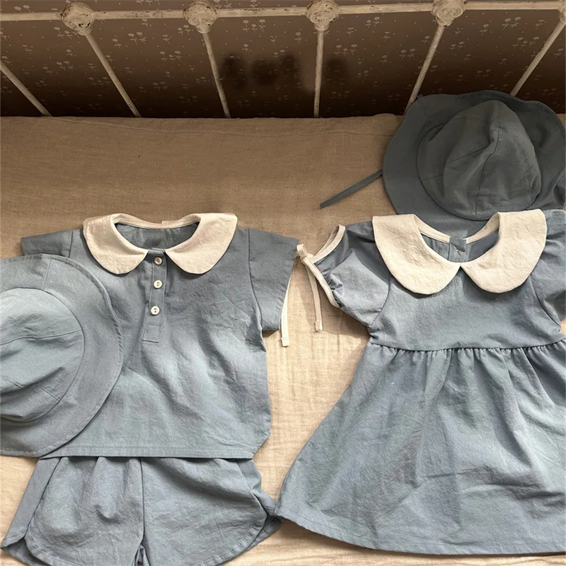 Summer Mother Kids Matching Outfits Girl Short-sleeved Dress  Baby Boy Girl Cotton Set  Sister Brother Look Baby Birthday Outfit