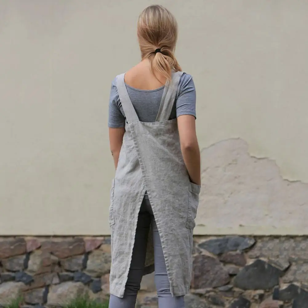 Simple Design Linen Dress Women Bib Apron X Shape Back Bandage Design Wide Strap Large Pocket Apron Dress Kitchen Cooking Aprons