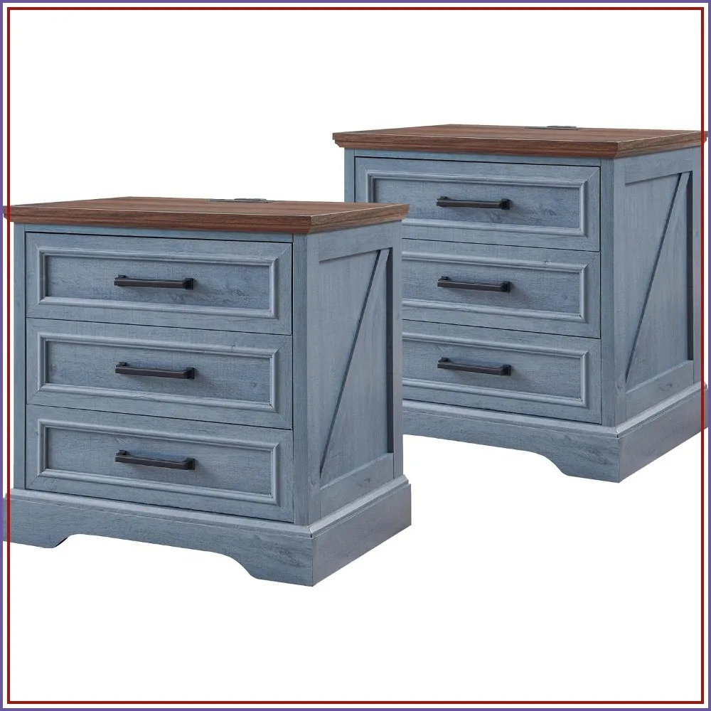 Farmhouse Nightstands Set of 2 with 3 Drawers, 22 Inch Blue Bedside Tables for Bedroom