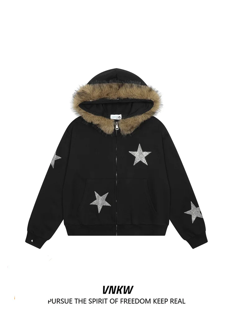 

American Retro Star Embroidery Hooded Open Cardigan Sweatirt Loose Casual Couples Fur Collar Jaet Trendy Autumn Winter