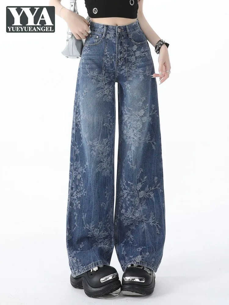 

Винтажные женские дизайнерские джинсы свободного кроя с принтом, с высокой талией, широкими штанинами, из денима, в уличном стиле, модные, прямые, повседневные брюки для женщин