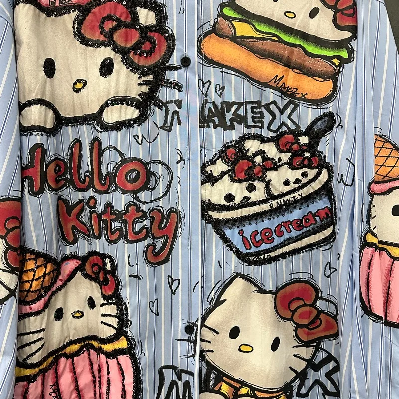 ハローキティトレンド女性のシャツストライプ長袖ルーズトップスかわいい女の子カジュアル Tシャツストリート原宿シャツ 2025 春